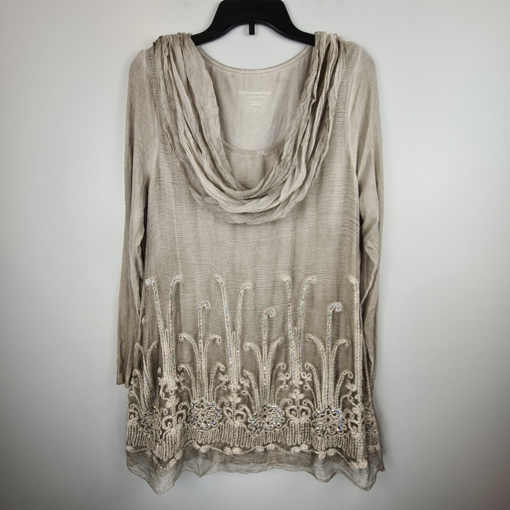 Soft Surroundings Silk Beaux Arts Cowl Neck Tunic Top M Taupe Crochet Sequin